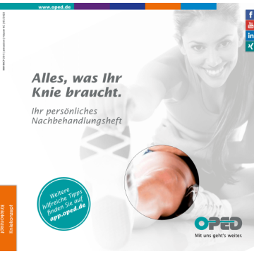 Titelseite des Nachbehandlungsheft in orangen Design mit Fokus auf ein Knie
