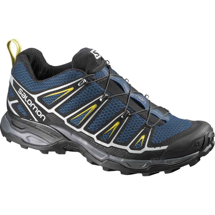 Blau-gelb-schwarzer Salomon x Ultra 2 Schuh mit atmungsaktivem Material und Quicklace-Schnürsystem
