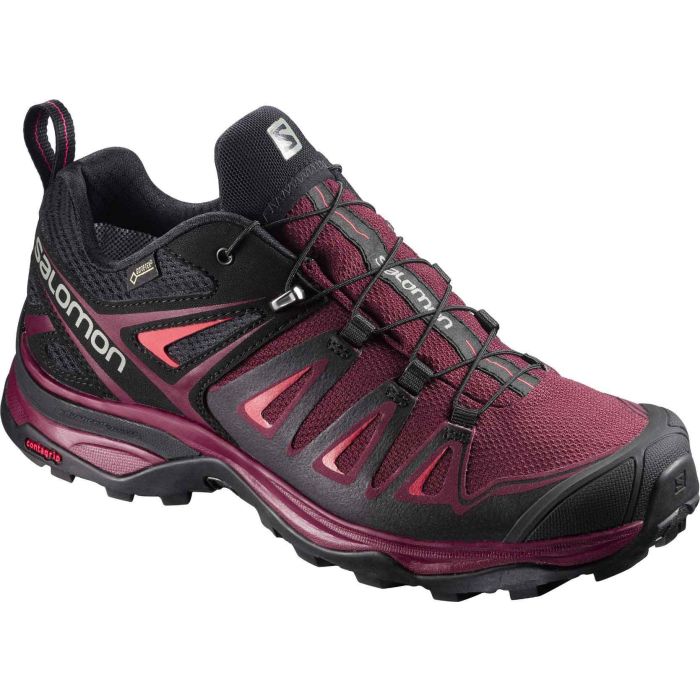 Dunkelroter Salomon x Ultra 3 GTX w Schuh mit stabiler Gummisohle und Quicklace-Schnürsystem
